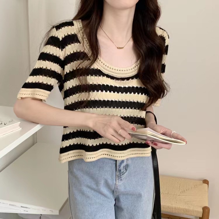 Picture of Plus size women's clothing summer Korean retro loose hollow design striped knitted short sleeve women's chubby girl slimming