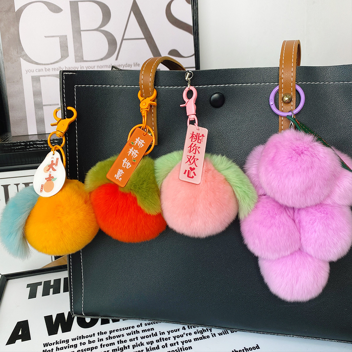 Real Rex Rabbit Hair Fruit Series Persimmon Grape Bag Pendant Orange Apple Peach Orange Car Keychain Pendant