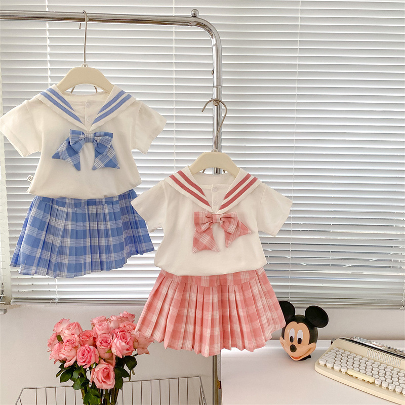 Picture of JK style Korean College pleated skirt woven children's clothing summer children's baby girl 2024 new online celebrity two-piece set suit