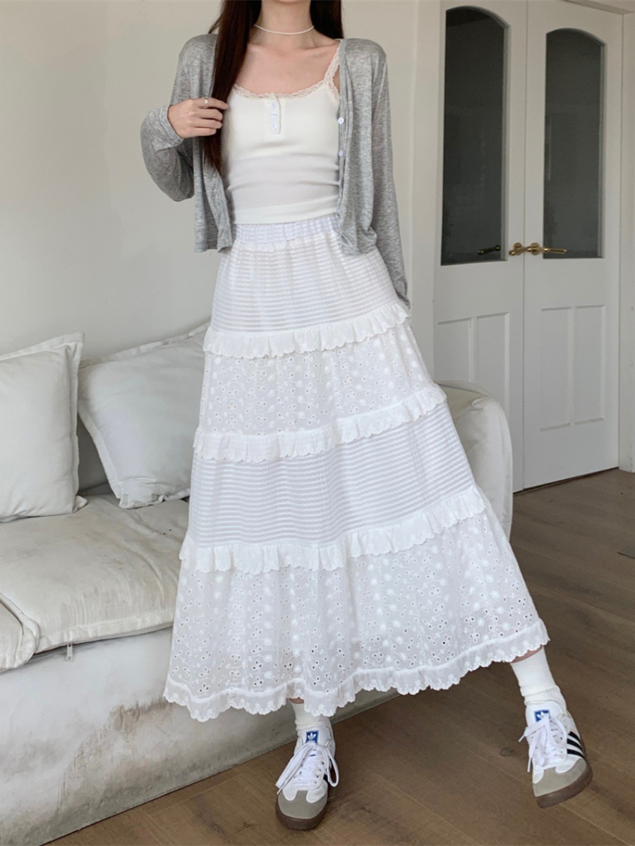 Lolita Skirt Summer High Waist A- Line Cake Skirt with Loof Waist Design Sense Lace Stitching Crochet Long