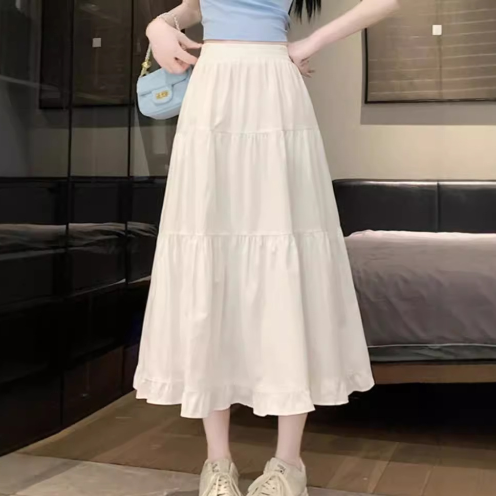 White Cake Skirt Women's Summer 2024 New Spring and Autumn Pleated High Waist Long Skirt A- line Umbrella Skirt Fairy Skirt
