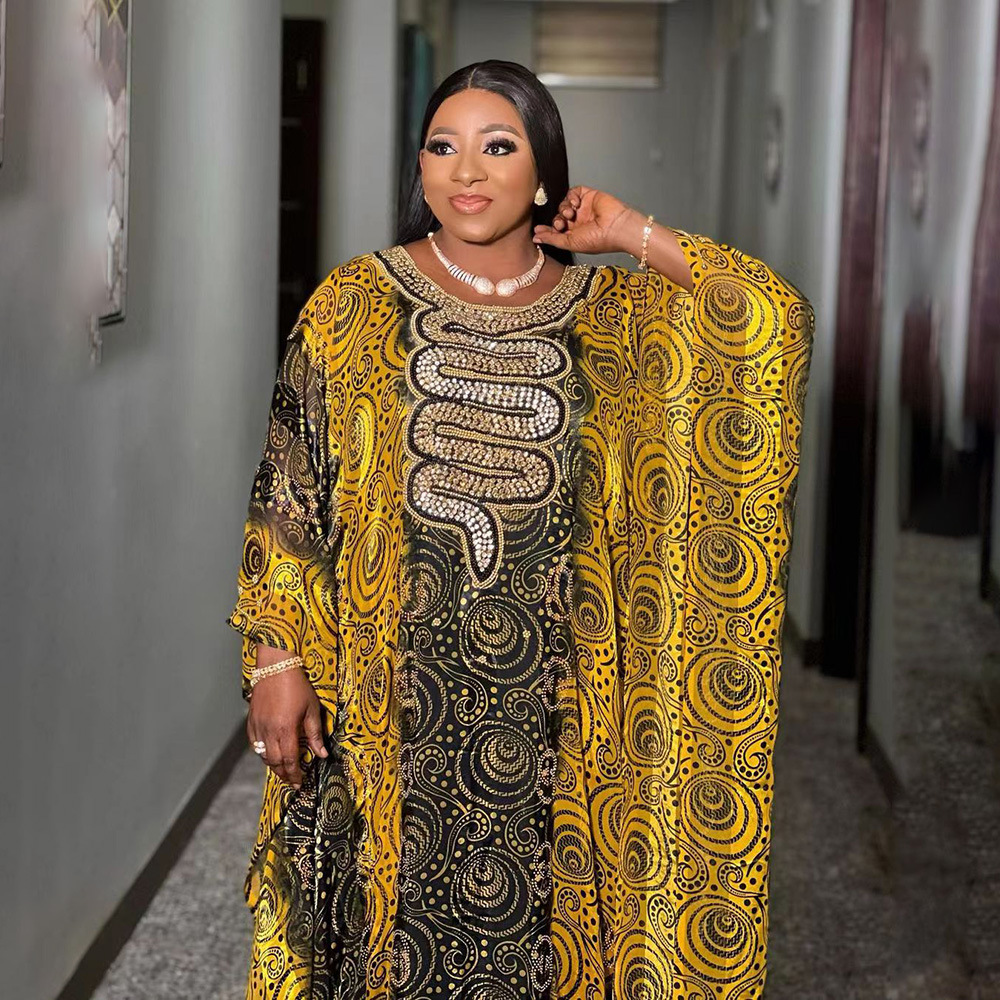 African mother national clothing large swing skirt chiffon rhinestone digital printing with inner group Source head in stock