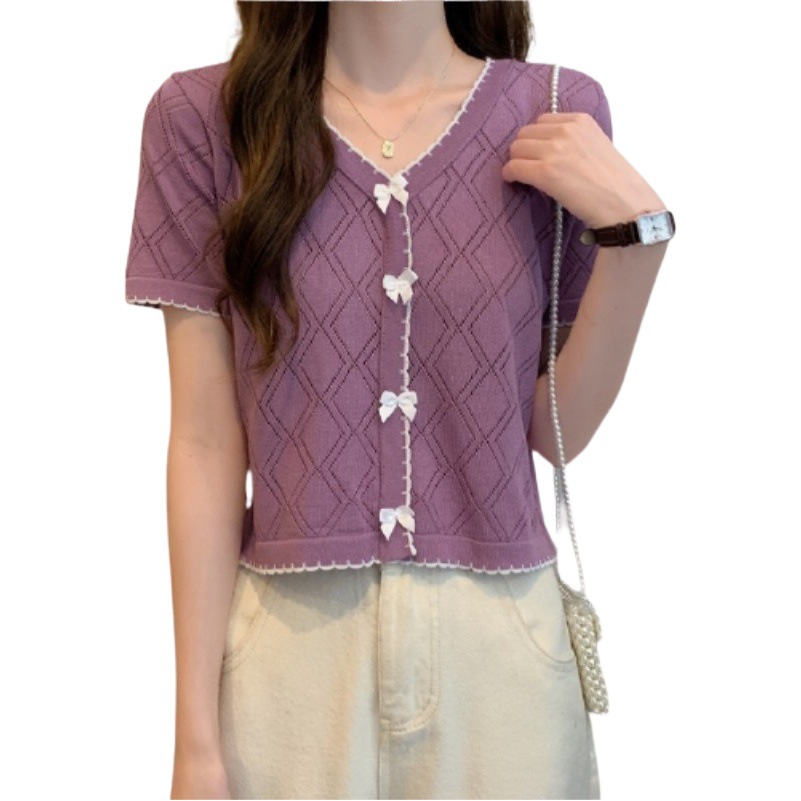 Plus size summer new ice silk short-sleeved T-shirt women's fat sister slimming V-neck short top collar-reducing knitted bottoming shirt