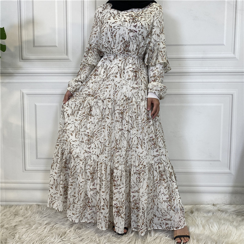 New Fashionable Chiffon Printed Long Skirt Long Sleeve Wide Hem Dress 6564
