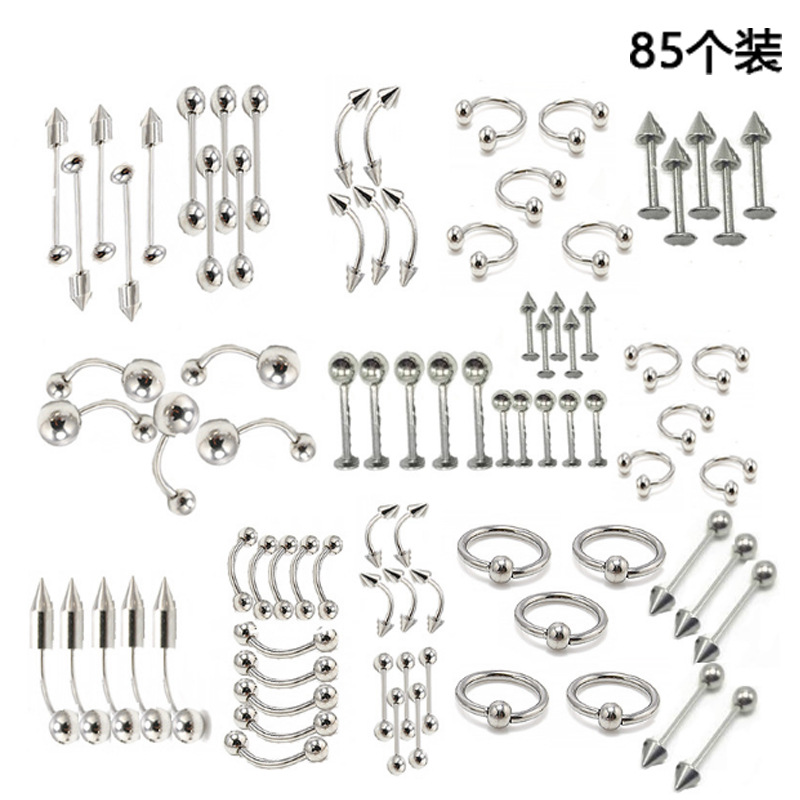 85 PCs puncture jewelry 17 sets of tongue nail mixed suit European and American cross-border stainless steel lip nail eyebrow nail nose nail wholesale