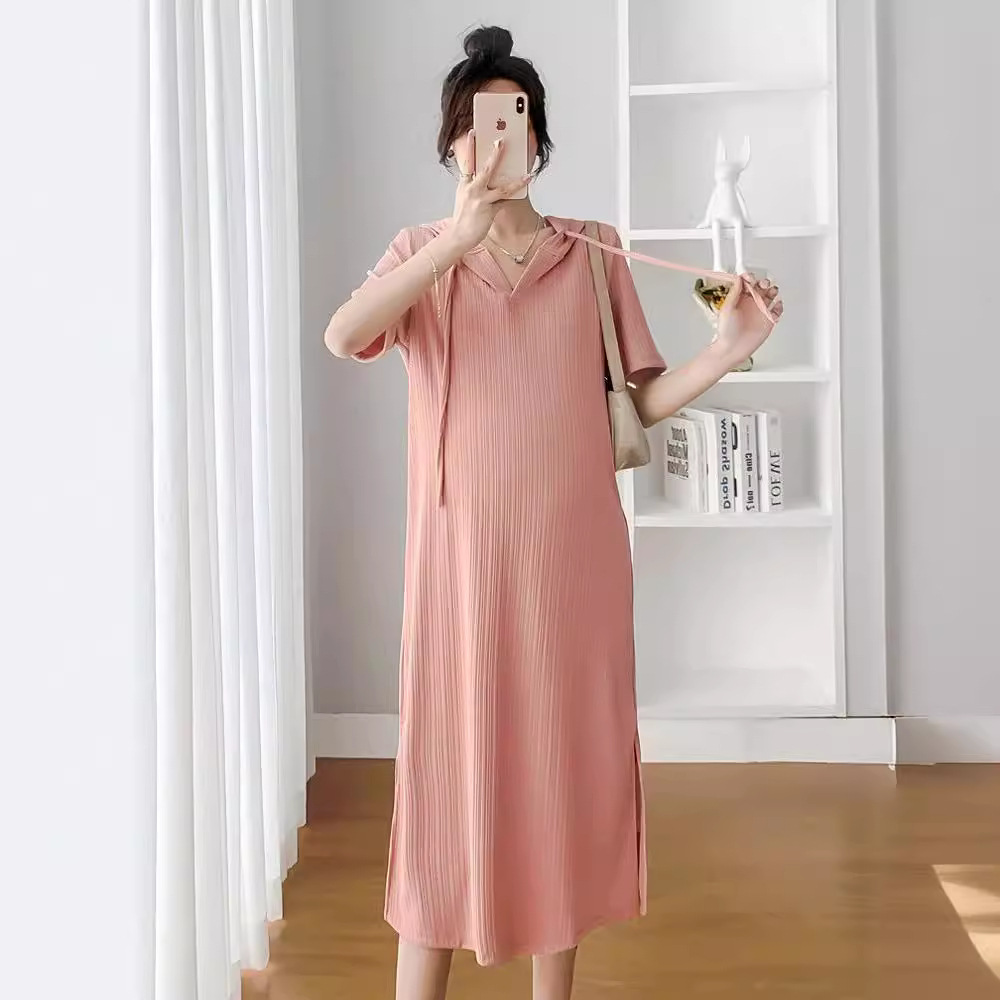 Maternity dress Summer 2024 New Fashion Hooded Mid-length Short-sleeved Pregnant Women's Dress Summer