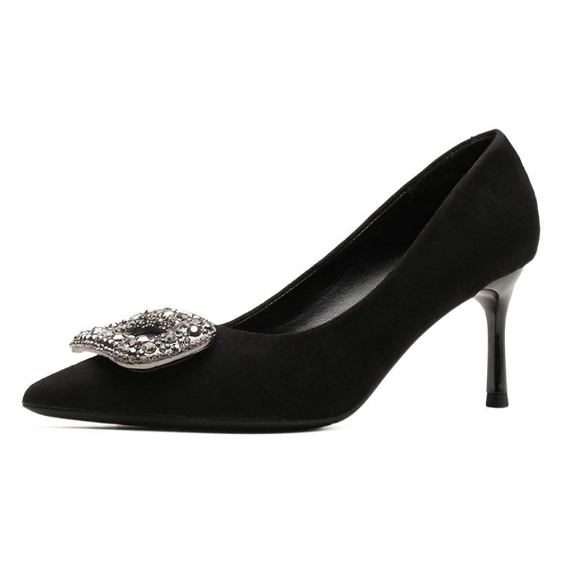 French Pointed-Toe Flats for Women in Autumn and Winter New Pumps for Daily Work Clothing Black Rhinestone High Heels Trendy Spring New Style