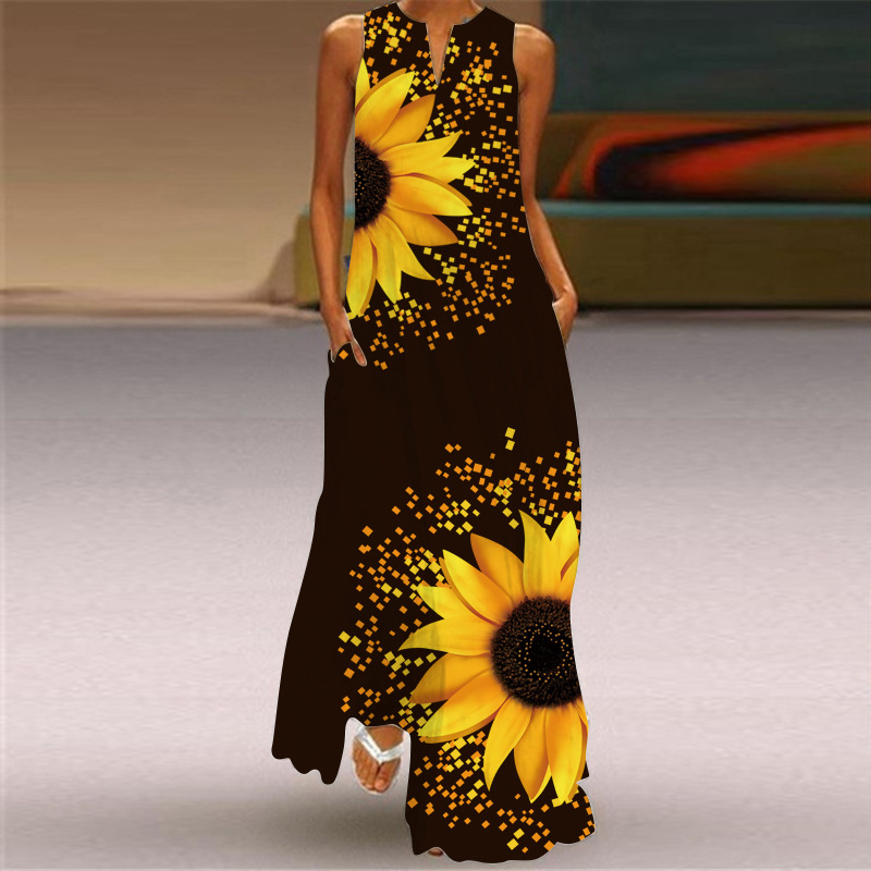 2024 new summer women's sleeveless dress v-neck printed green flower dress Europe and the United States cross-border foreign trade women's clothing