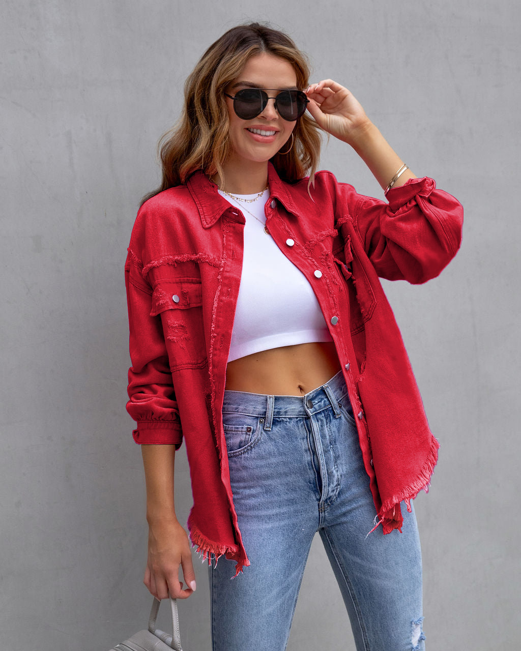 Picture of 2025 New European and American Style Mid-Length Raw Edge Ripped Denim Jacket Women's Autumn and Winter Long-Sleeved Casual Lapel Top