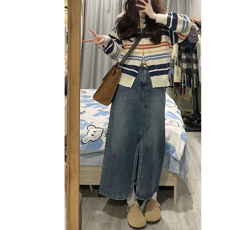 High Waist Split Denim Skirt Women's Spring and Autumn New Retro Mid-length Slim-fit Hip Covering Small A- line Skirt Trendy