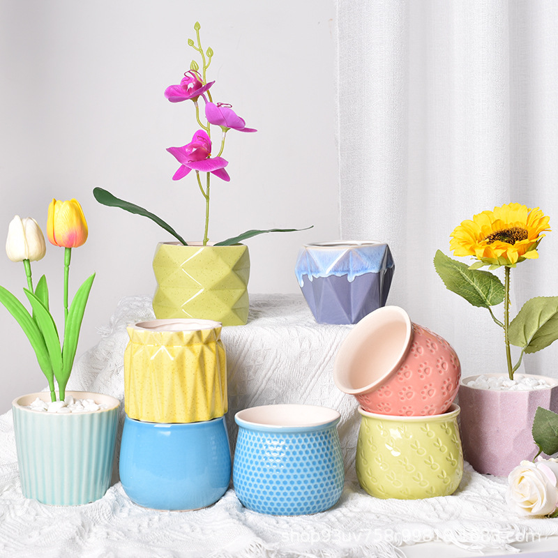Picture of Factory wholesale ceramic flower pot glaze combination creative home decoration fleshy flower pot simple meat green plant potted plant