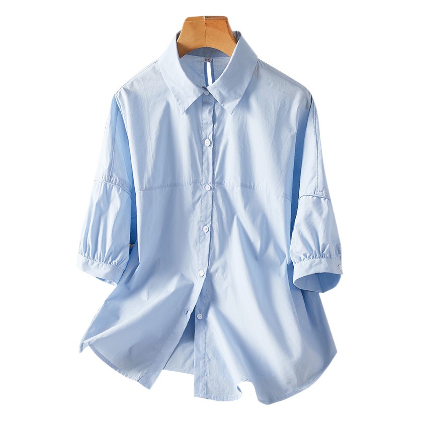 Blue Shirt Women's Mid-Sleeve 2025 Summer New Loose Slim Casual Top with Unique Design Pure Cotton Shirt