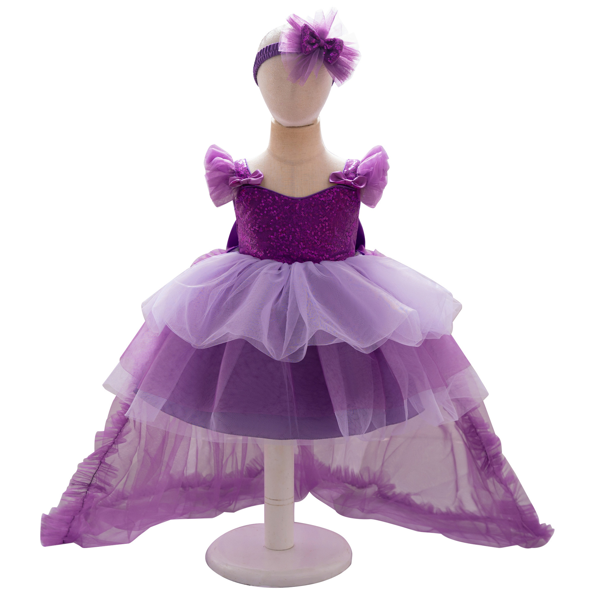 Picture of New One-year-old Dress Short-sleeved Pleated Mesh Lace Trailing Princess Dress Ponked Yarn Flower Children's Wedding Dress