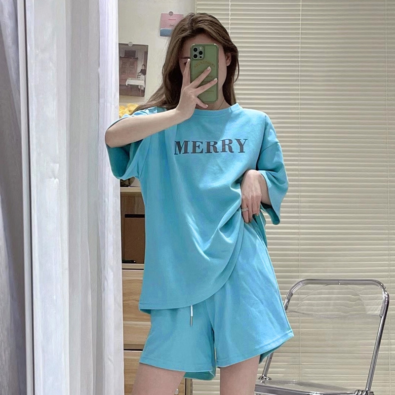 Casual lazy style letter short sleeve cotton T-shirt sports suit female students summer outer wear wide leg shorts two-piece set