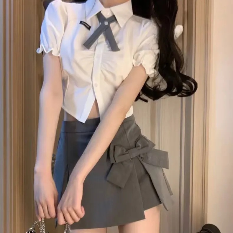 Bow design sense niche pleated skirt suit skirt skirt women's summer culottes high waist skirt A- Line skirt
