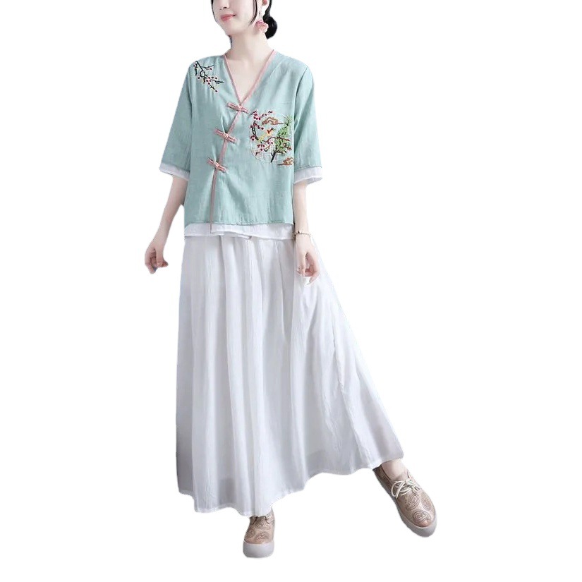 Summer New Ethnic Style Cotton and Linen Color-block Button Embroidered V-neck Shirt Women's Loose Cardigan Top Mid-sleeve Tea Clothes