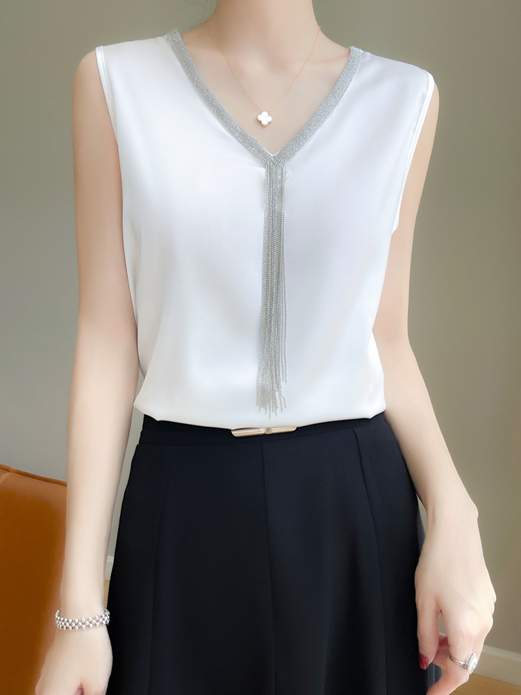 Simulated Silk Camisole Women's 2025 Summer New Style Acetate Satin Design V Neck Tassel Bottoming Shirt Top