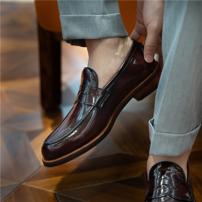 Cross-border British Style Round Toe Dress Business Casual Leather Men's Lazy One-pedal Penny Loafers Bright Leather