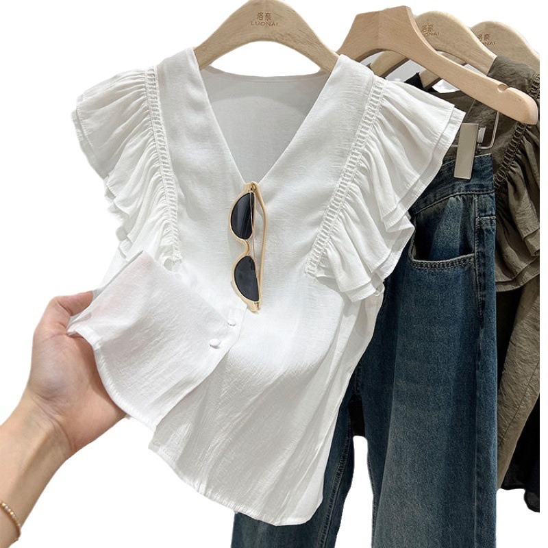 Picture of Chiffon Lace Shirt for Women Petite Flying Sleeves French Ruffle Collar Collarbone High-End Sleeveless Top for Women