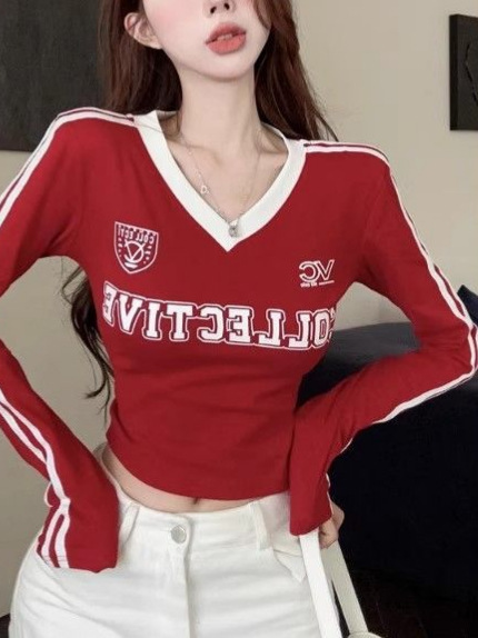 American sports striped long-sleeved T-shirt women's 2025 pre-fall dress hot girl V-neck cropped top slim base shirt underwear