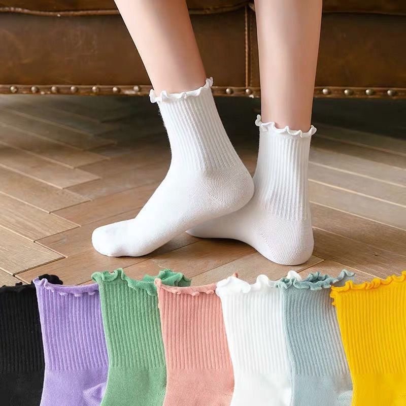 Picture of White lace socks women's mid-calf spring and autumn wooden ear socks ins trendy all-match college style Japanese jk pile socks