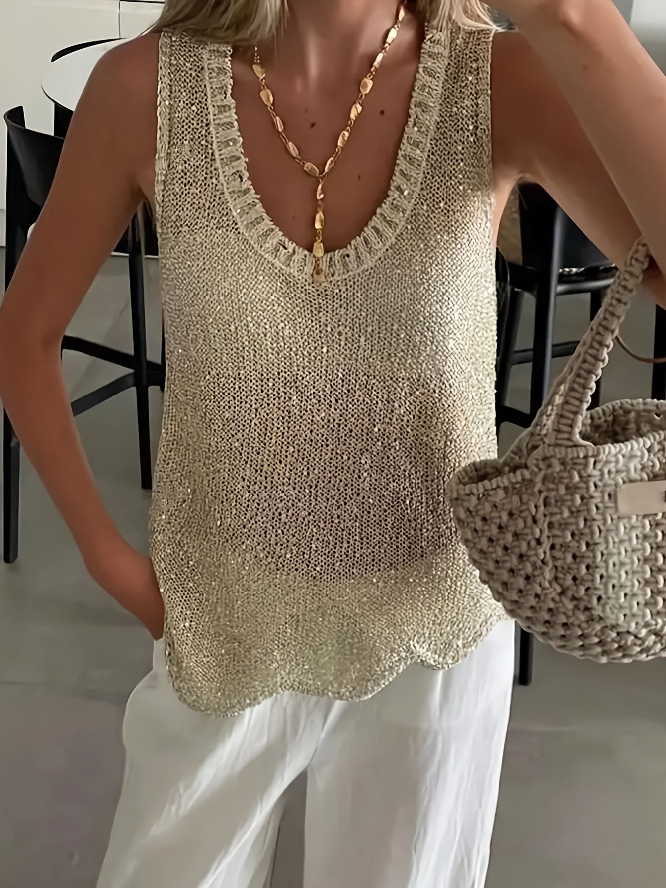 2025 New Versatile Hollow Knitted Sequin Summer Vest Loose Sleeveless Vest Sexy V-Neck Top for Women