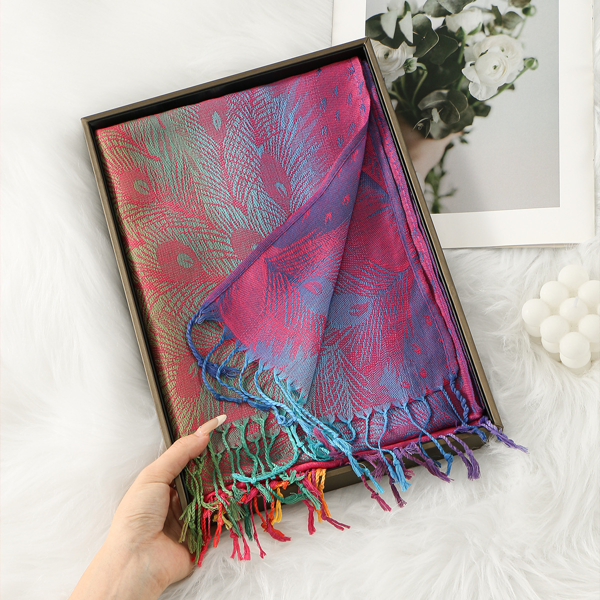 Picture of Amazon Same Style Ethnic Style Color Cashew Embroidered Long Scarf Rainbow Gradient Tassel Scarf Shawl Women's Bag Turban
