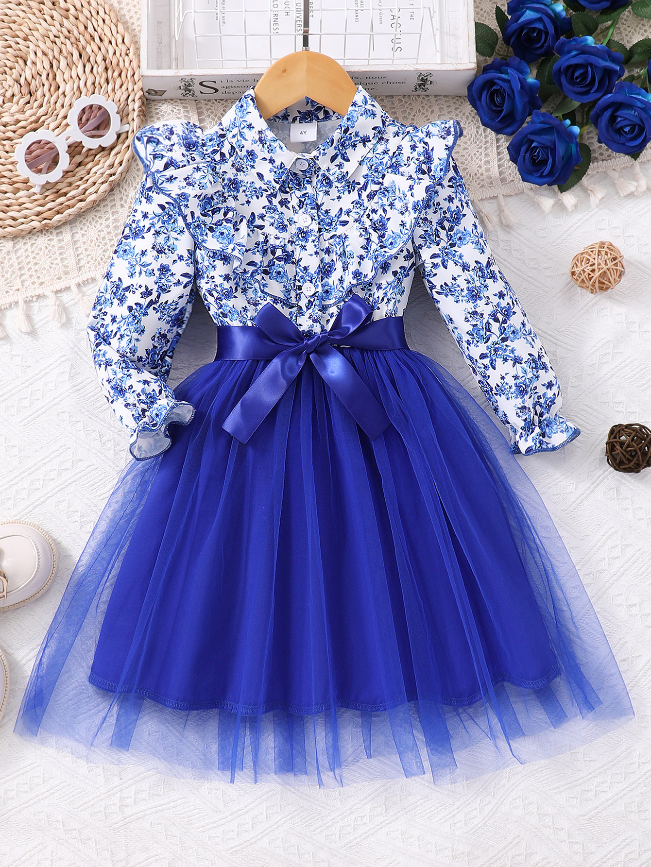 Picture of New Style Long-Sleeved Lapel Floral Print Mesh Dress for Girls and Older Children with Woven Belt