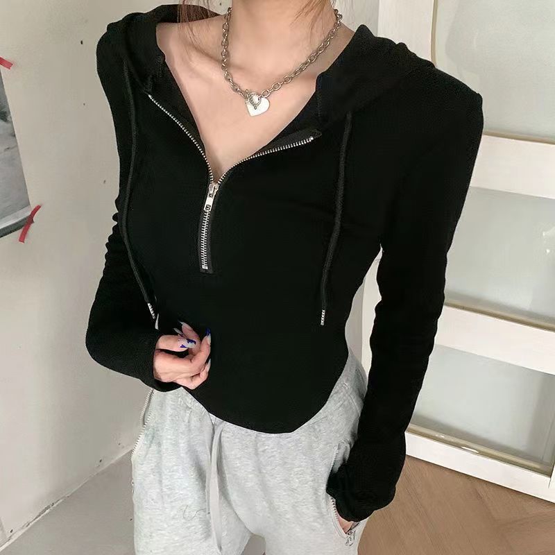 Pure Desire Wind Irregular New Half-Zip Hooded Sweater Autumn Top Slim-Fit Slimming Flesh-Covering Long-Sleeved T-Shirt Ins