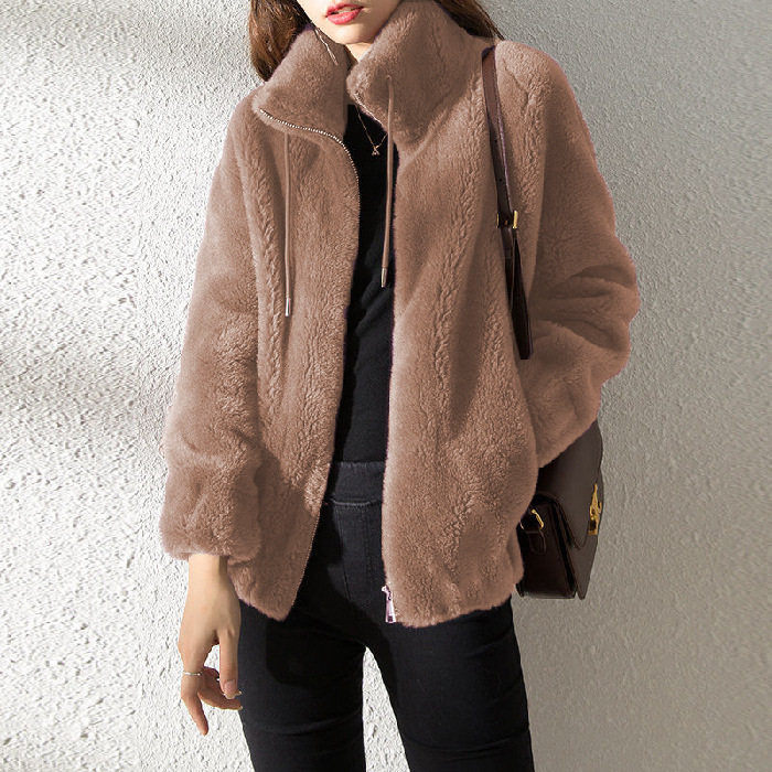 Picture of Women's Winter Outwear Fleece-Lined Thickeneded Double-Sided Coral Velvet Stand-Up Collar Warm Sweatshirt Elegant Cardigan Zipper Fleece Top