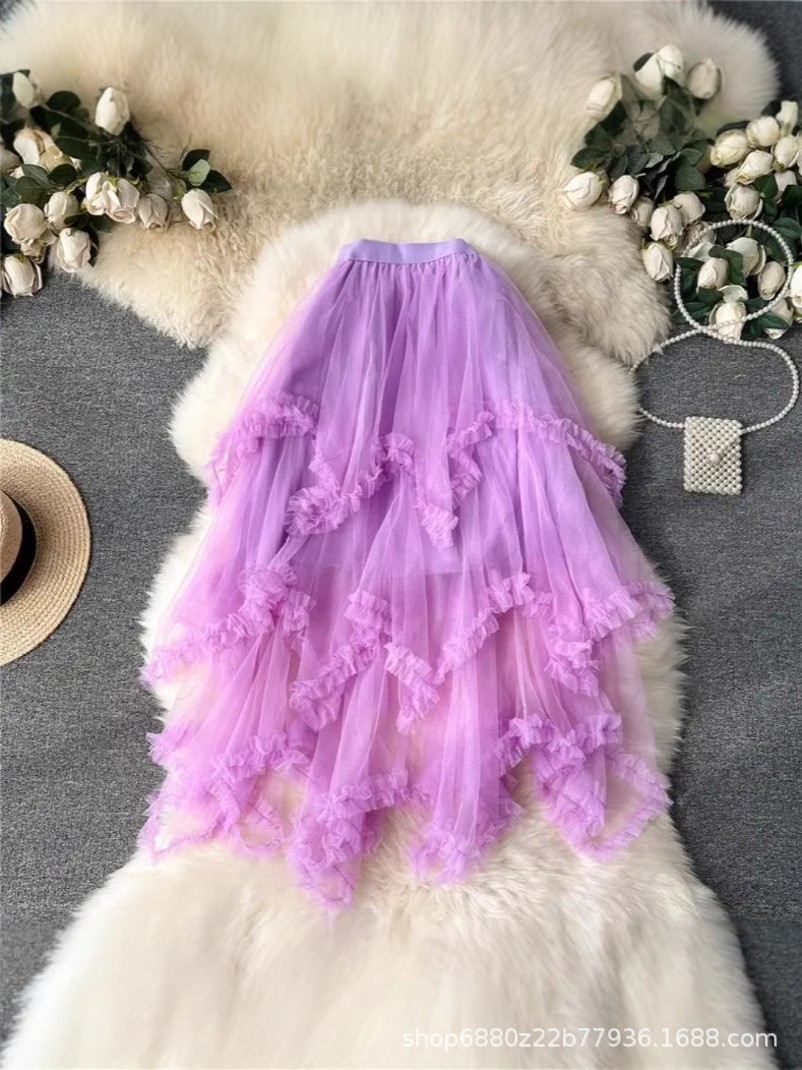 2025 Korean Style New Style Ear-Shaped Mesh High-Waisted Large Hem Fluffy Fairy Long Skirt