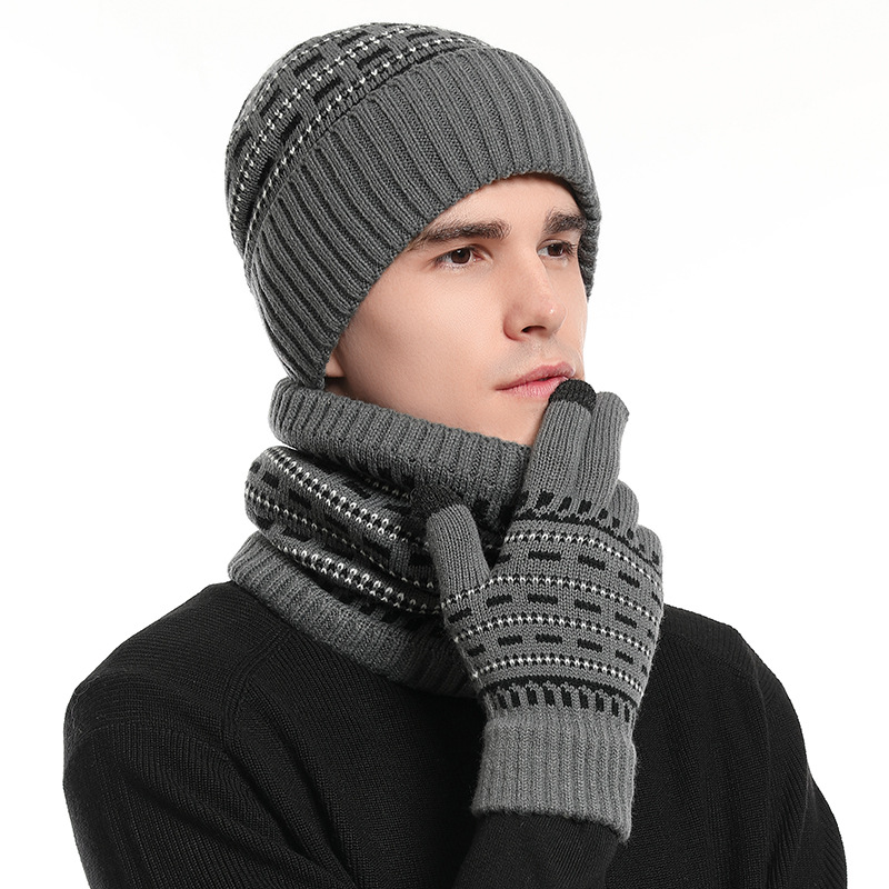 Picture of 2025 European and American Autumn and Winter Men's Warm Woolen Hat Knitted Thickeneded Adult Hat Neck Scarf Gloves Three-Piece Set Manufacturer