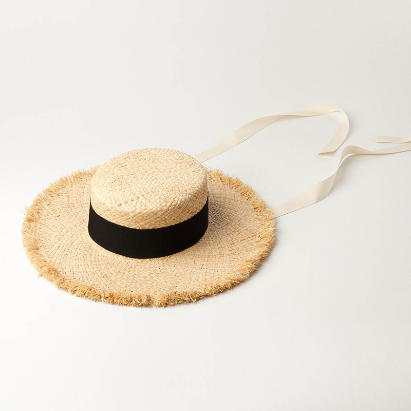 European and American Spring and Summer New Style Hand-woven Thickened Grinding Raffy Straw Flat Hat with Strap for Sunshade Beach Raffy Straw Hat
