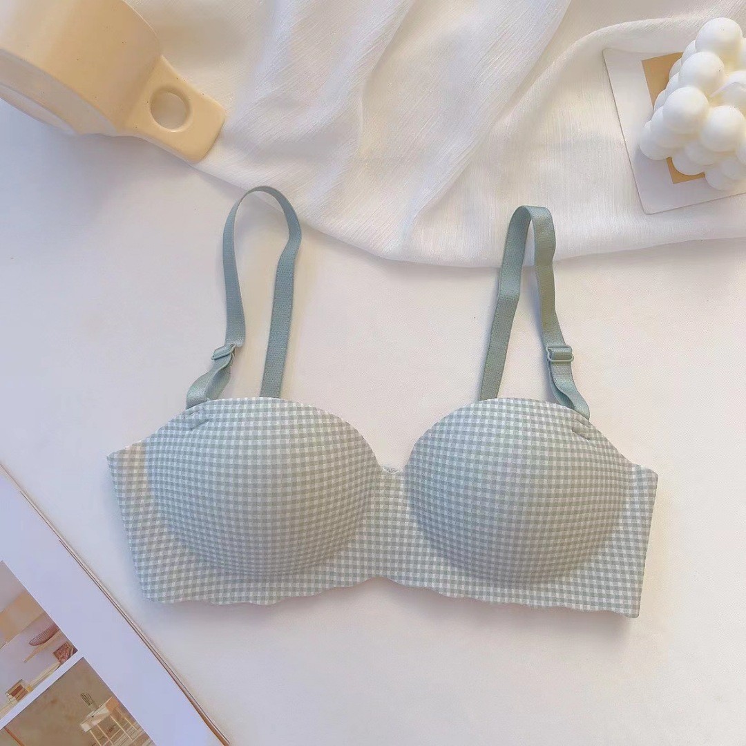 Picture of Half cup Plaid girl underwear one piece Palm Cup seamless small chest gathered wireless bra student bra