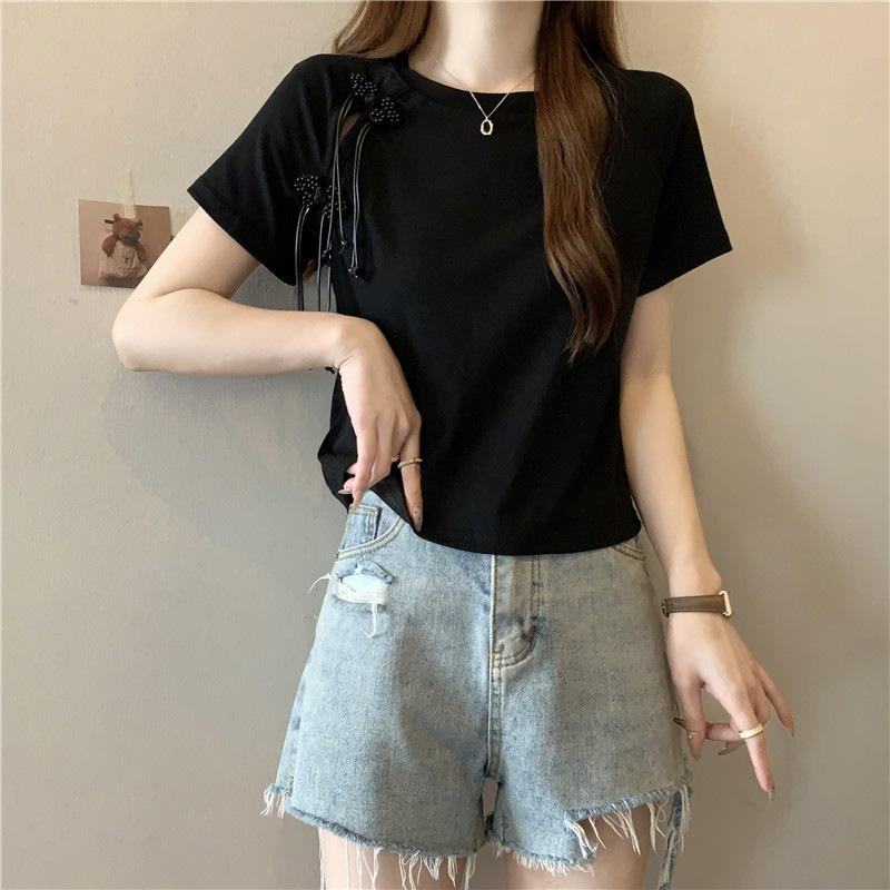 European and American Real Shot Short Tassel Design Sense Niche Short-sleeved T-shirt Women's Summer Dress Slim-fit New Chinese Button Top