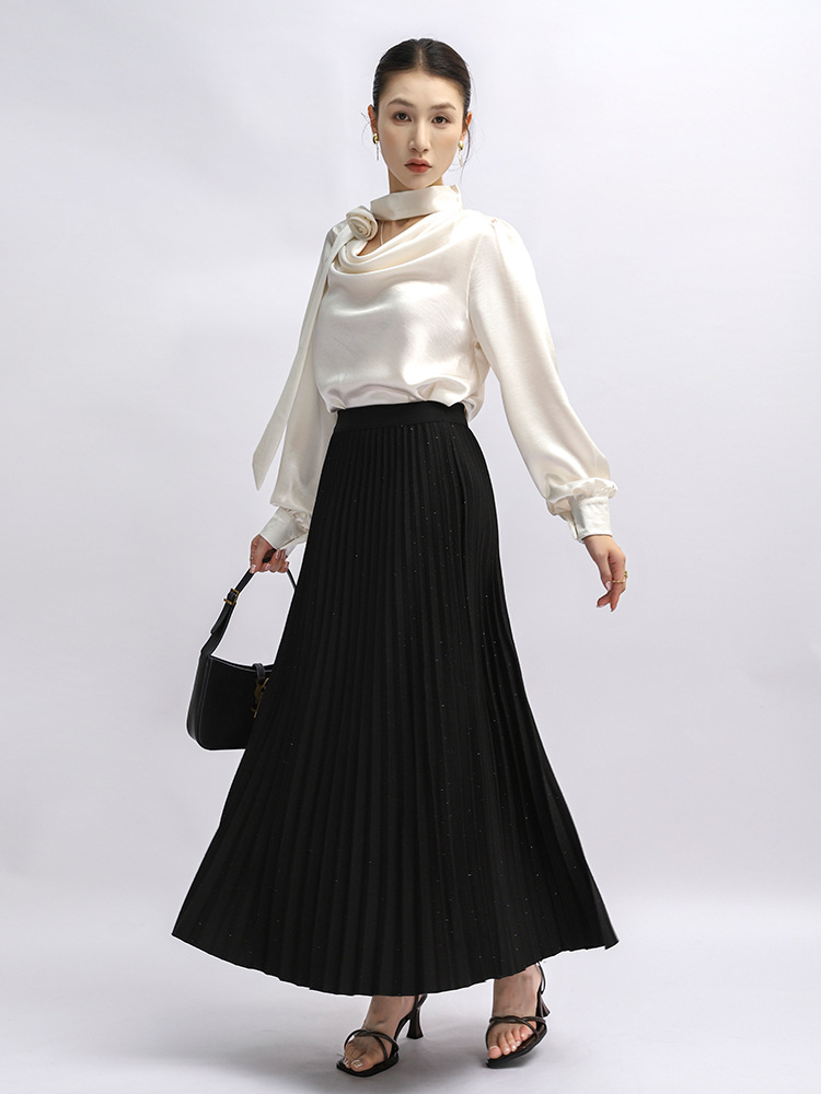 Feiyuan Design Rhinestone Wool Pleated Skirt for Women, New Autumn and Winter High-Waisted Versatile Solid Color Mid-Length A-Line Skirt