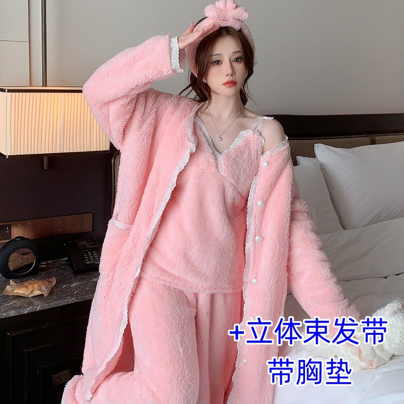 Sling Trousers Outer Gown (with Chest Pad) Three-dimensional Hair Belt Four-piece Set Autumn and Winter Sexy Pajamas Coral Fleece Cover