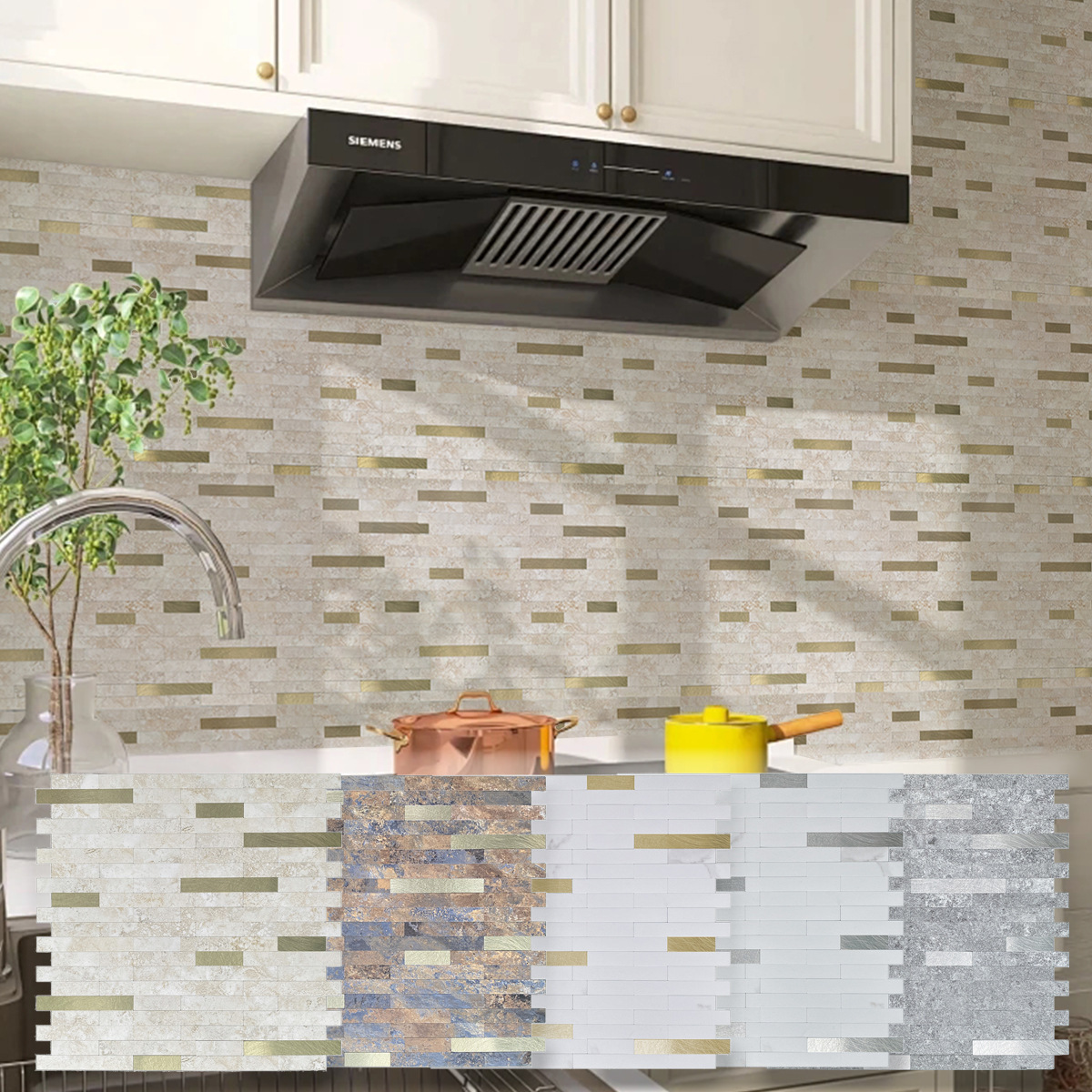 Small Long Strip Mosaic Aluminum Plastic Peelable Metal Tile Backsplash Waterproof Anti-fouling Renovation Wall Sticker