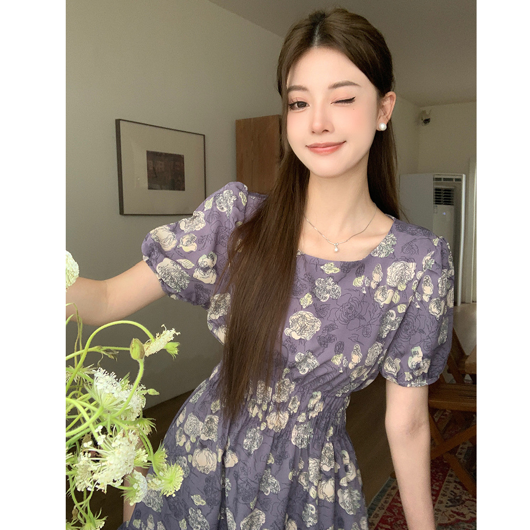 Tea Break French Puff Sleeve Floral dress Women's Summer New Waist Slimming Crewneck Pleated Gentle Style Long Dress