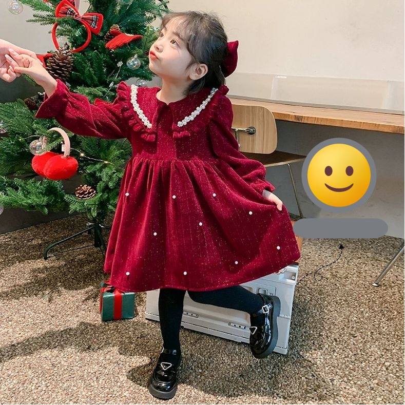 Baby Girl's Autumn and Winter fleece-lined Thickened Red Lapel Pearl dress 2024 New Mid-Big Children's Western Style Year Clothes