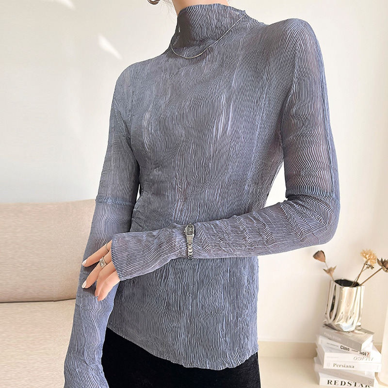 Picture of Miyake Ultra-thin Perspective Top Base Shirt Women's Spring and Summer Long-sleeved Sunscreen Western Style All-match Pleated Top Inner Shirt