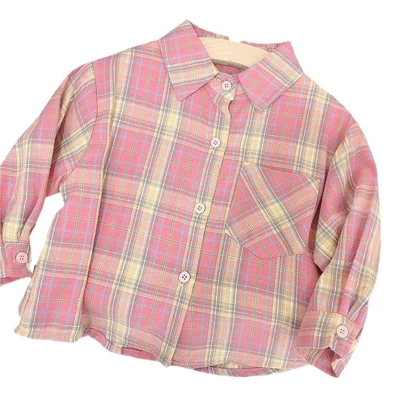 Children's fashionable pink plaid shirt spring new girls' Korean-style long-sleeved shirt baby Autumn top foreign trade