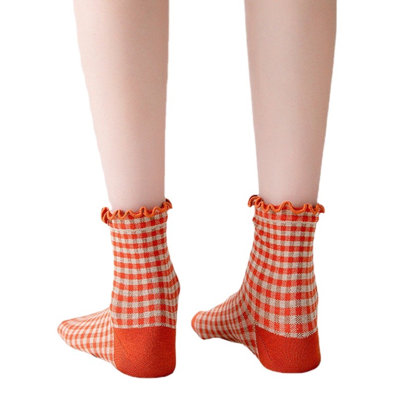 Korean vintage plaid lace in tube socks in girl's maiden color Lolita cotton socks