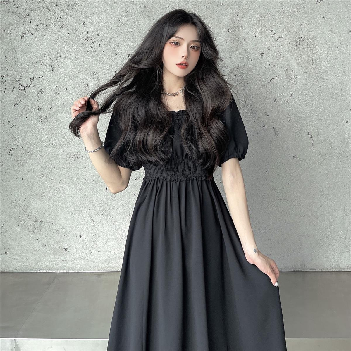 Square collar puff sleeve 2024 new summer dress slimming high temperament dress women's net red