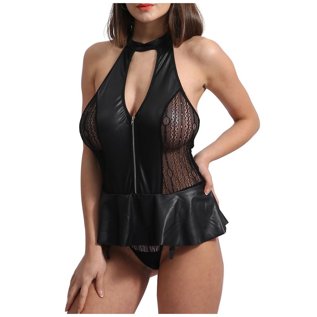 Picture of Foreign trade supply Europe and the United States new sexy set sexy women's neck mesh hollow patent leather miniskirt sexy underwear