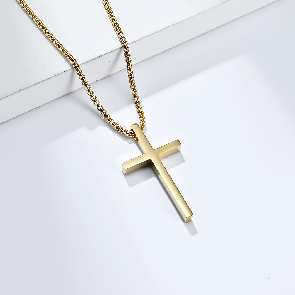 Picture of Ins Genderless Simple Titanium Steel Cross Necklace Glossy Niche Stylish Men and Women Wear Sweater Chain Pendant