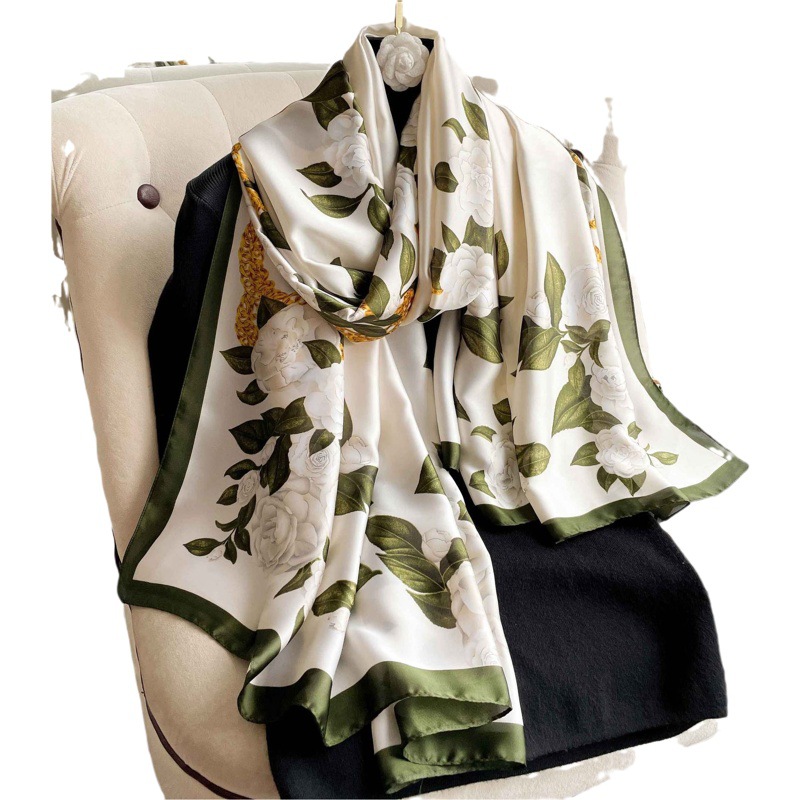 New Korean Style Gardenia Imitation Silk Shawl Scarf Women's Decorative Versatile Shawl Sun Protection Beach Towel Live Broadcast Wholesale