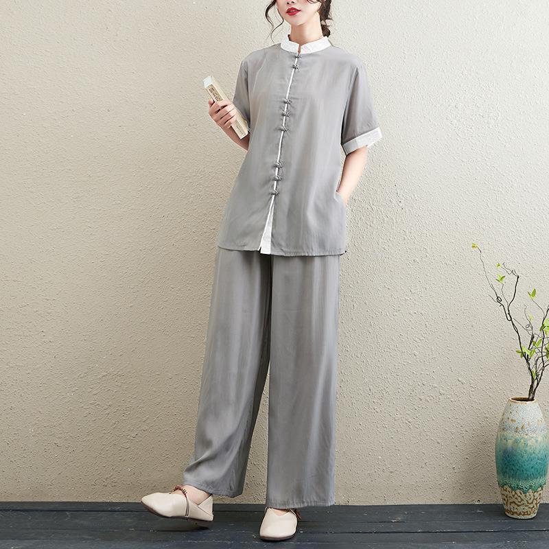Picture of 2024 Summer New Chinese Style Retro Loose Slim Casual Temperament Zen Tea Wear Yoga Wear Tai Chi Suit for Women
