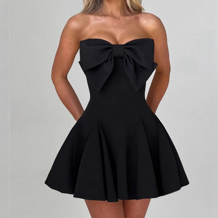Amazon European and American Style 2024 Autumn and Winter New Strapless Bow Skirt Sweet Style Women's Solid Color dress