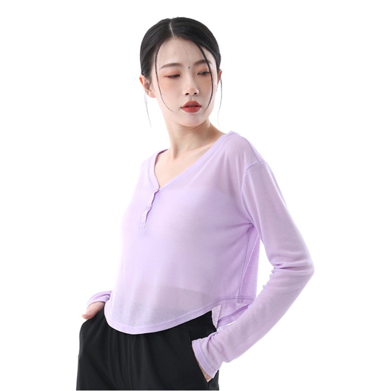 Thin V Neck Yoga Wear, Long-Sleeved Short Style, Loose-Fitting Outdoor Fitness Top, Breathable Daily Sports Blouse